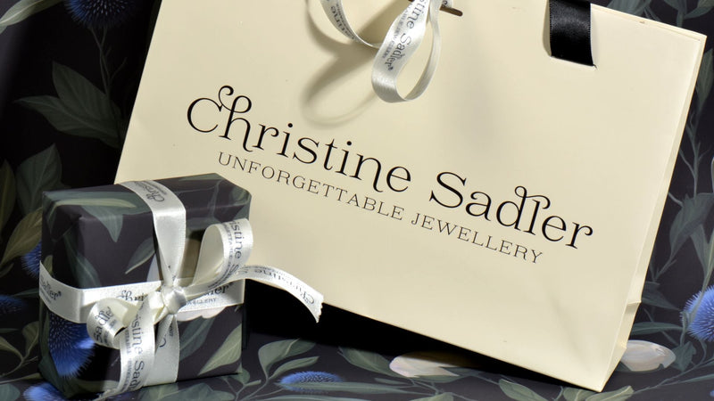 Branded free gift wrapping bag and box and ribbon - Christine Sadler