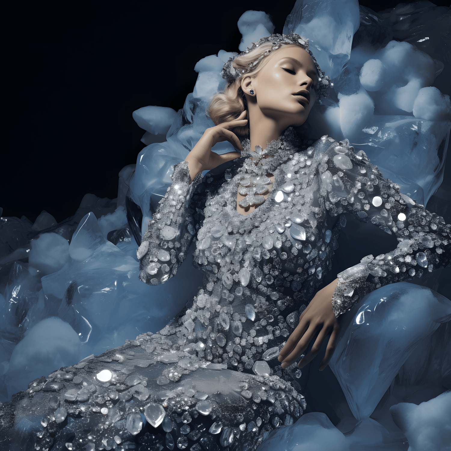 woman wearing lab grown gemstone jewellery in sparkling dress