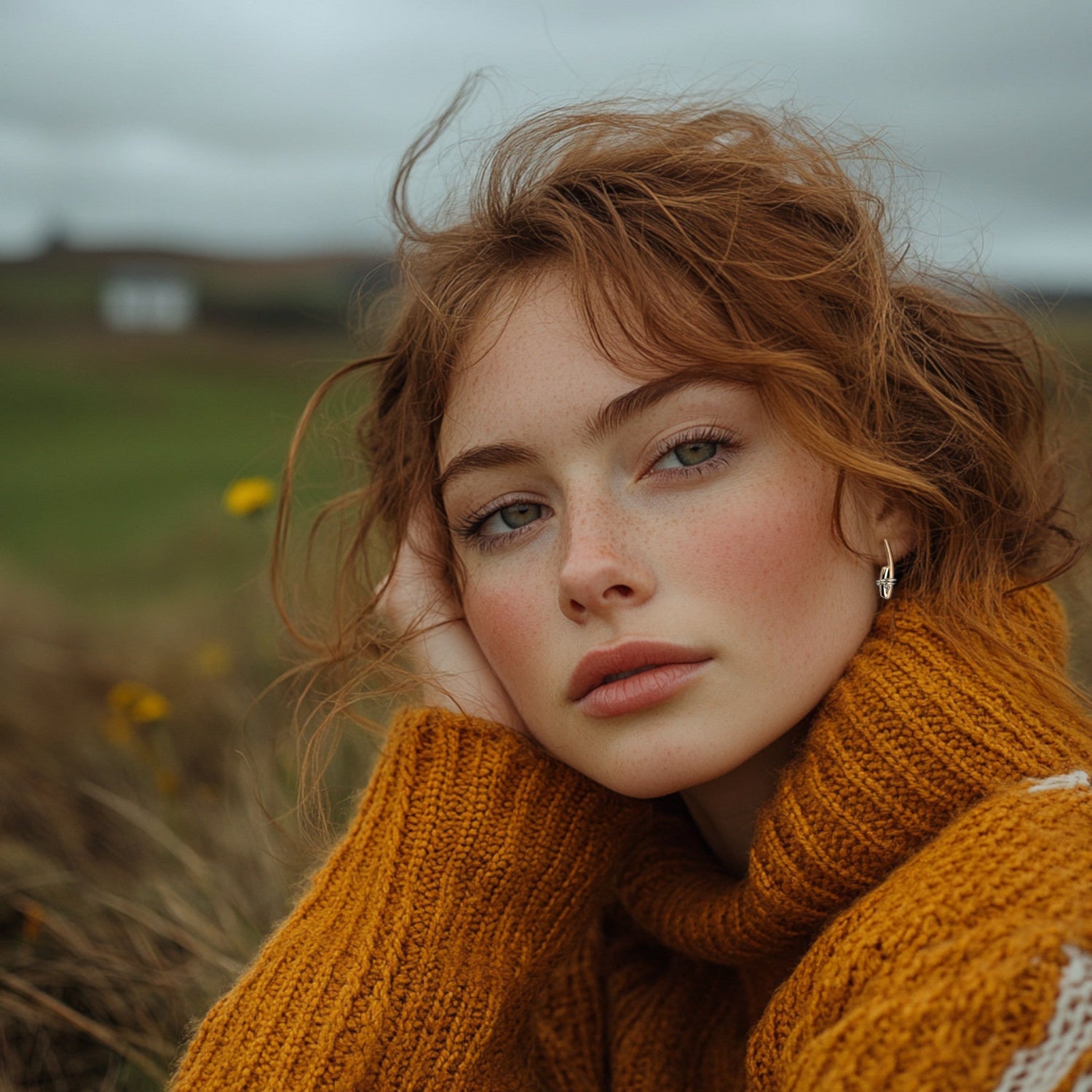 scottish woman wearing modern strop earrings that are halfway between a stud and a drop