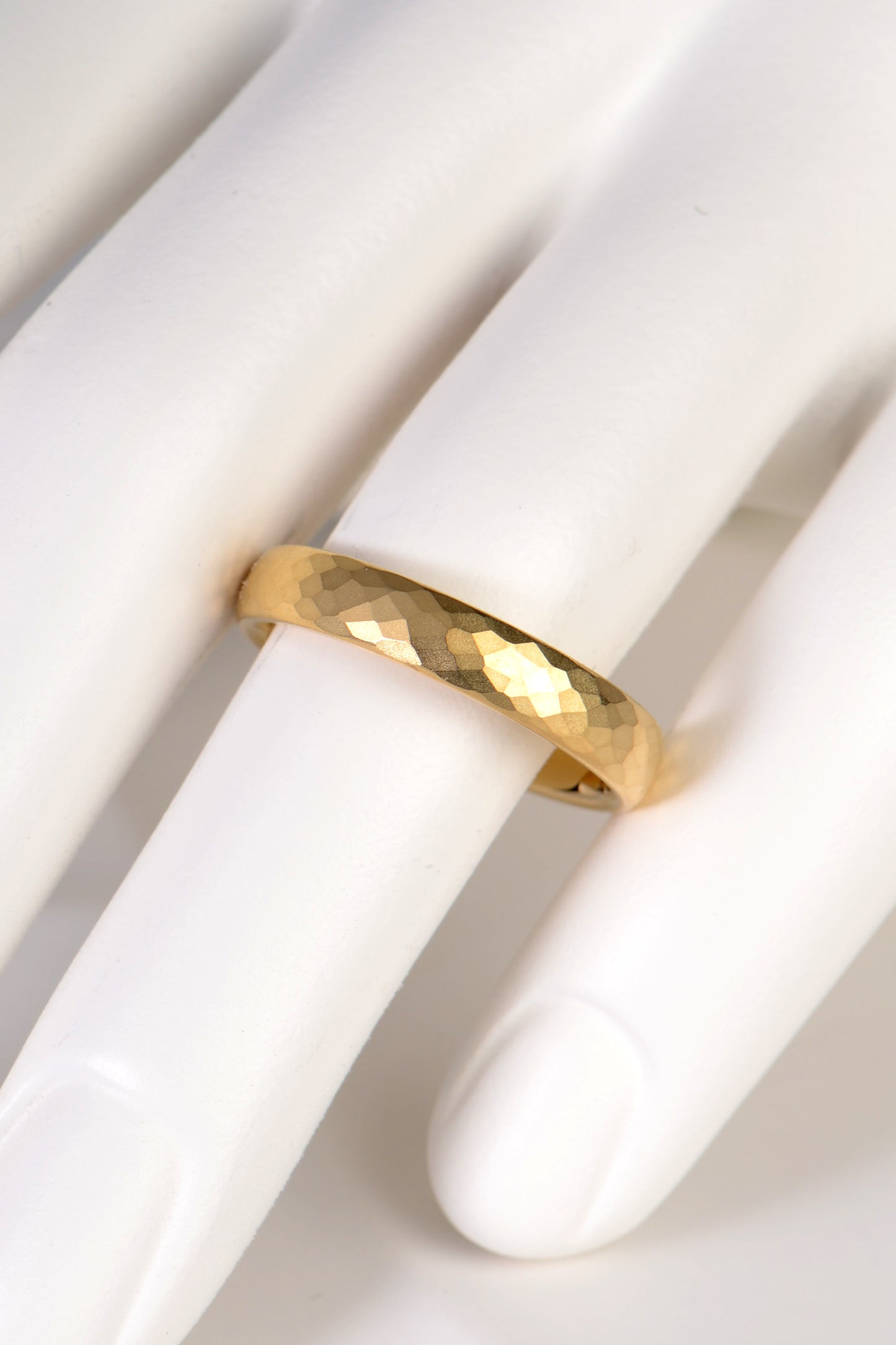 modern 18ct yellow gold hammered wedding ring for a man or woman