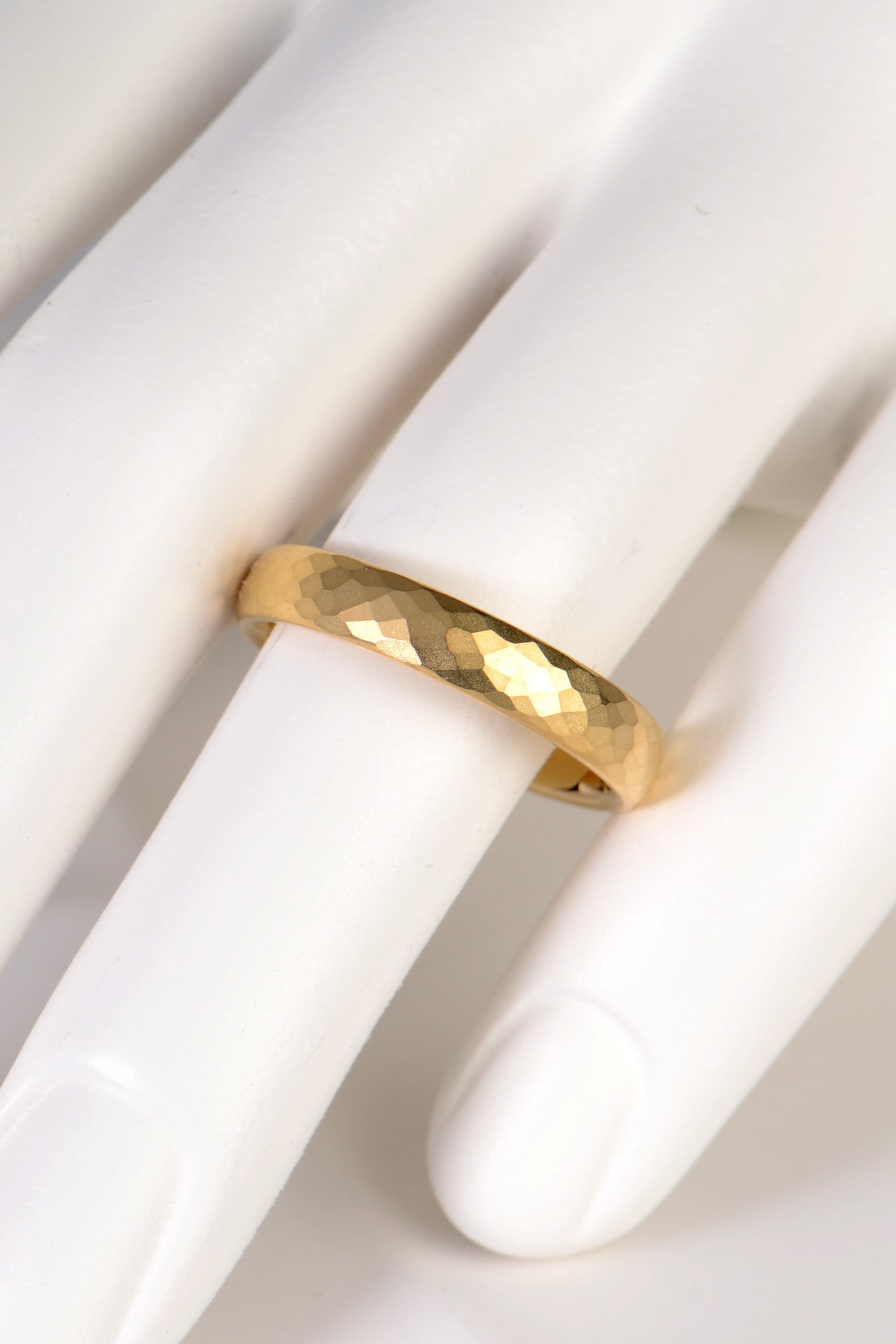 modern 18ct yellow gold hammered wedding ring for a man or woman