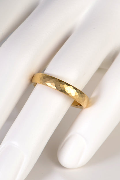 modern 18ct yellow gold hammered wedding ring for a man or woman