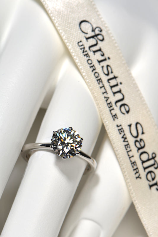 platinum two carat diamond engagement ring on a finger to show the size and look on