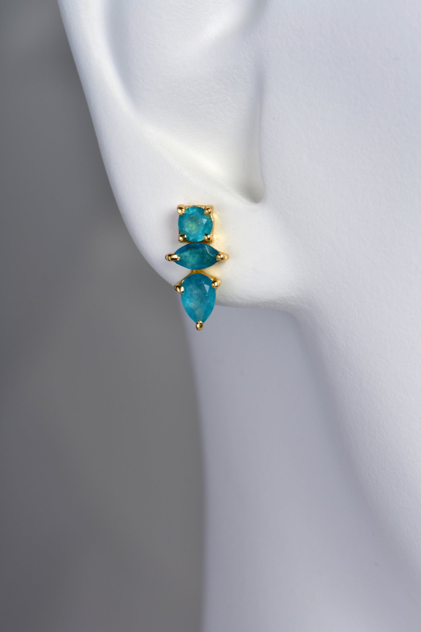 stacked gemstones, teal blue apatite earrings with gold plated silver settings