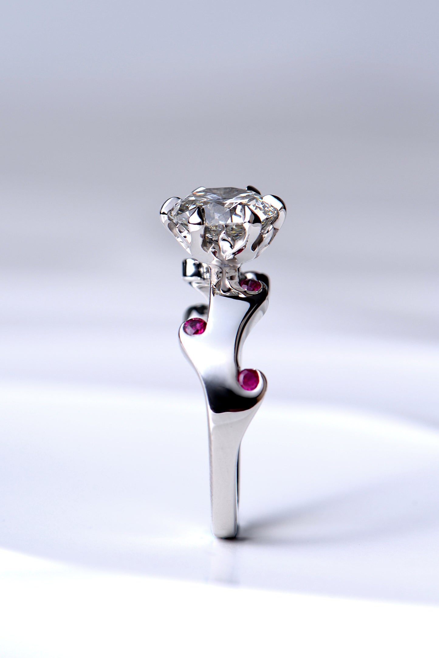 Romantic on fire designer platinum diamond and ruby ring by jewellery designer Christine Sadler