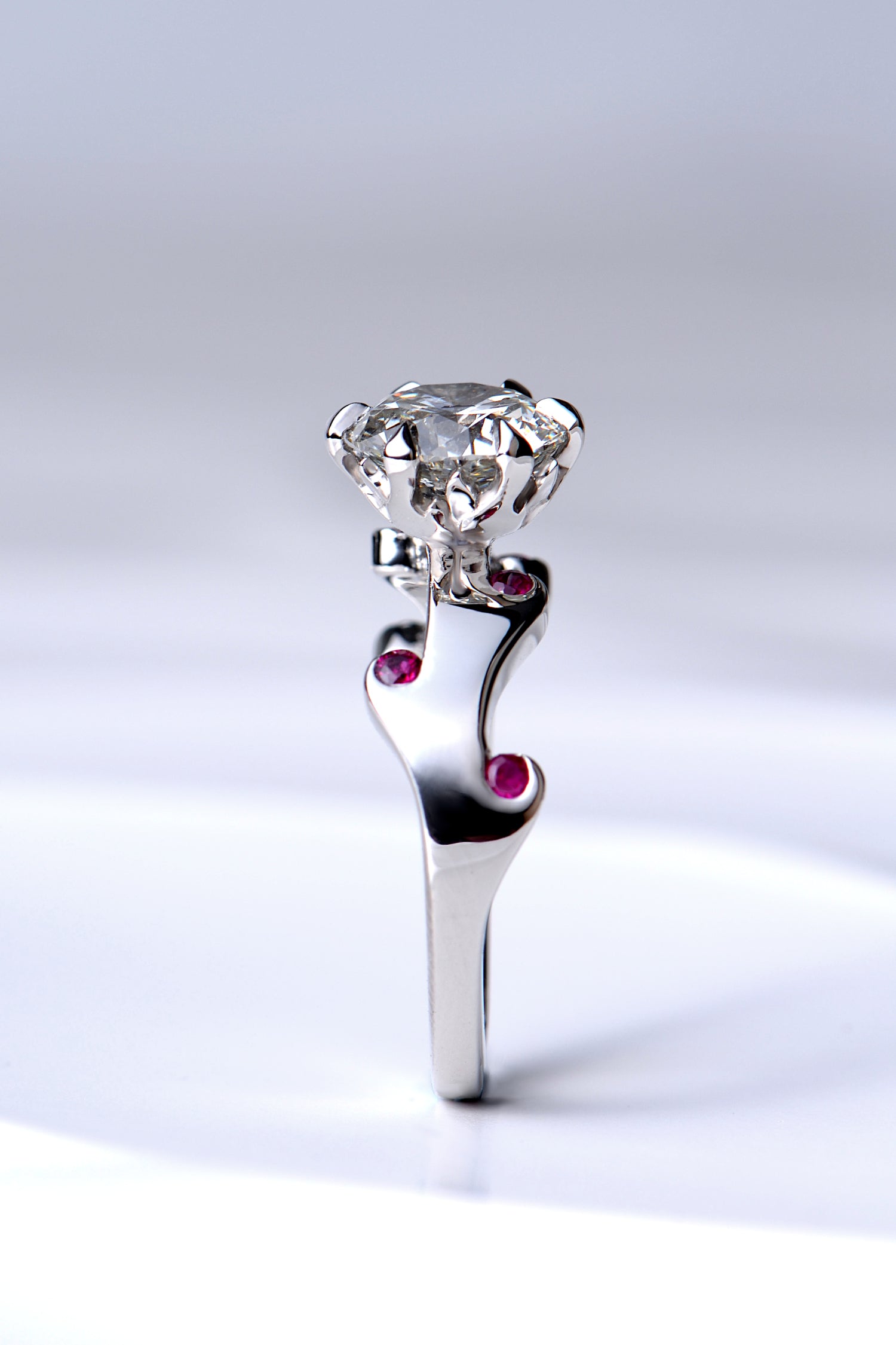 Romantic on fire designer platinum diamond and ruby ring by jewellery designer Christine Sadler