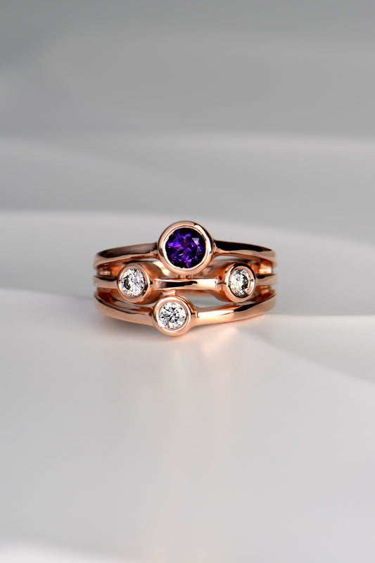 Amethyst and lab diamond rose gold Cairn ring
