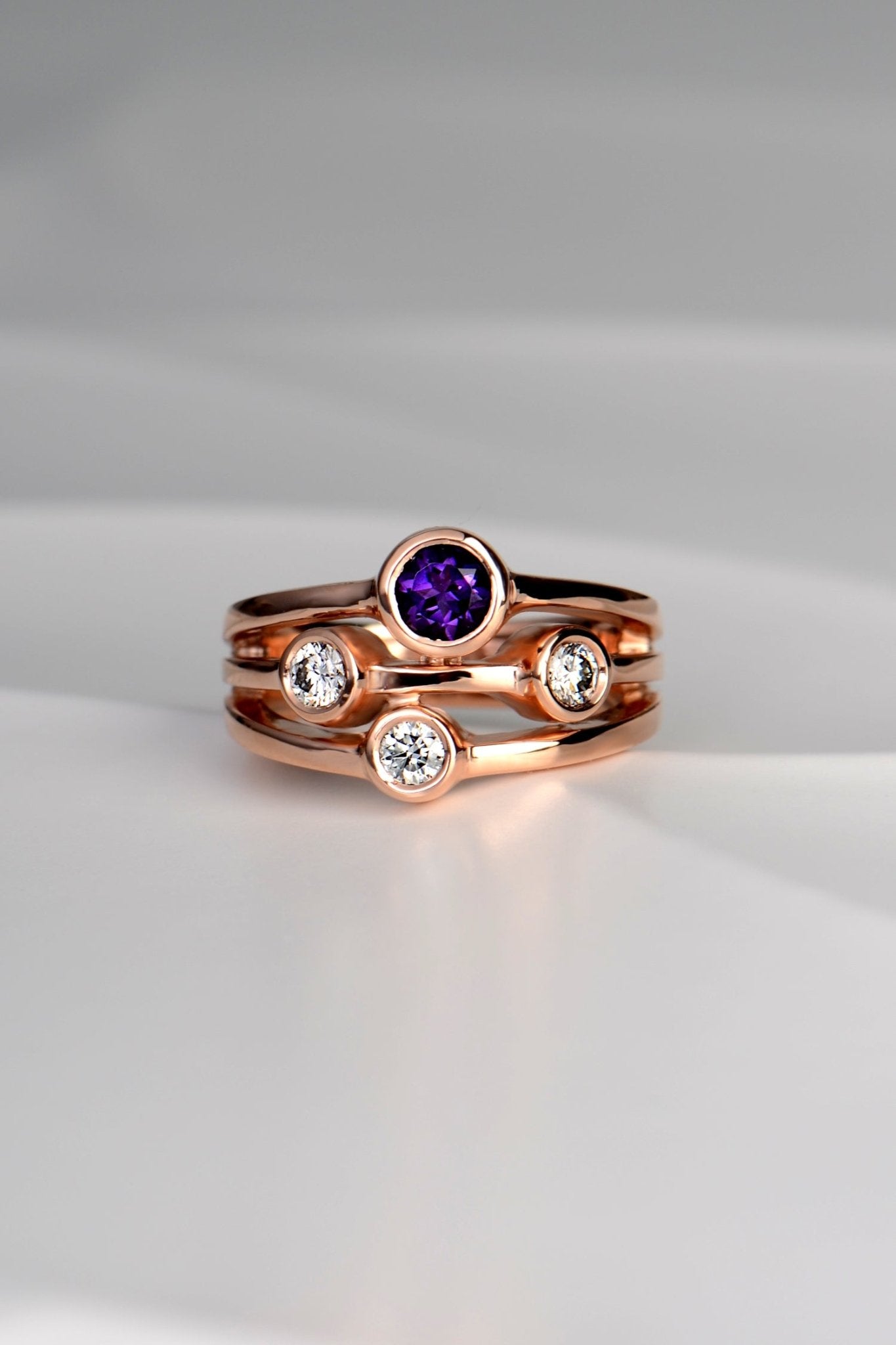 Amethyst and lab diamond rose gold Cairn ring - Rings Christine Sadler Unforgettable Jewellery