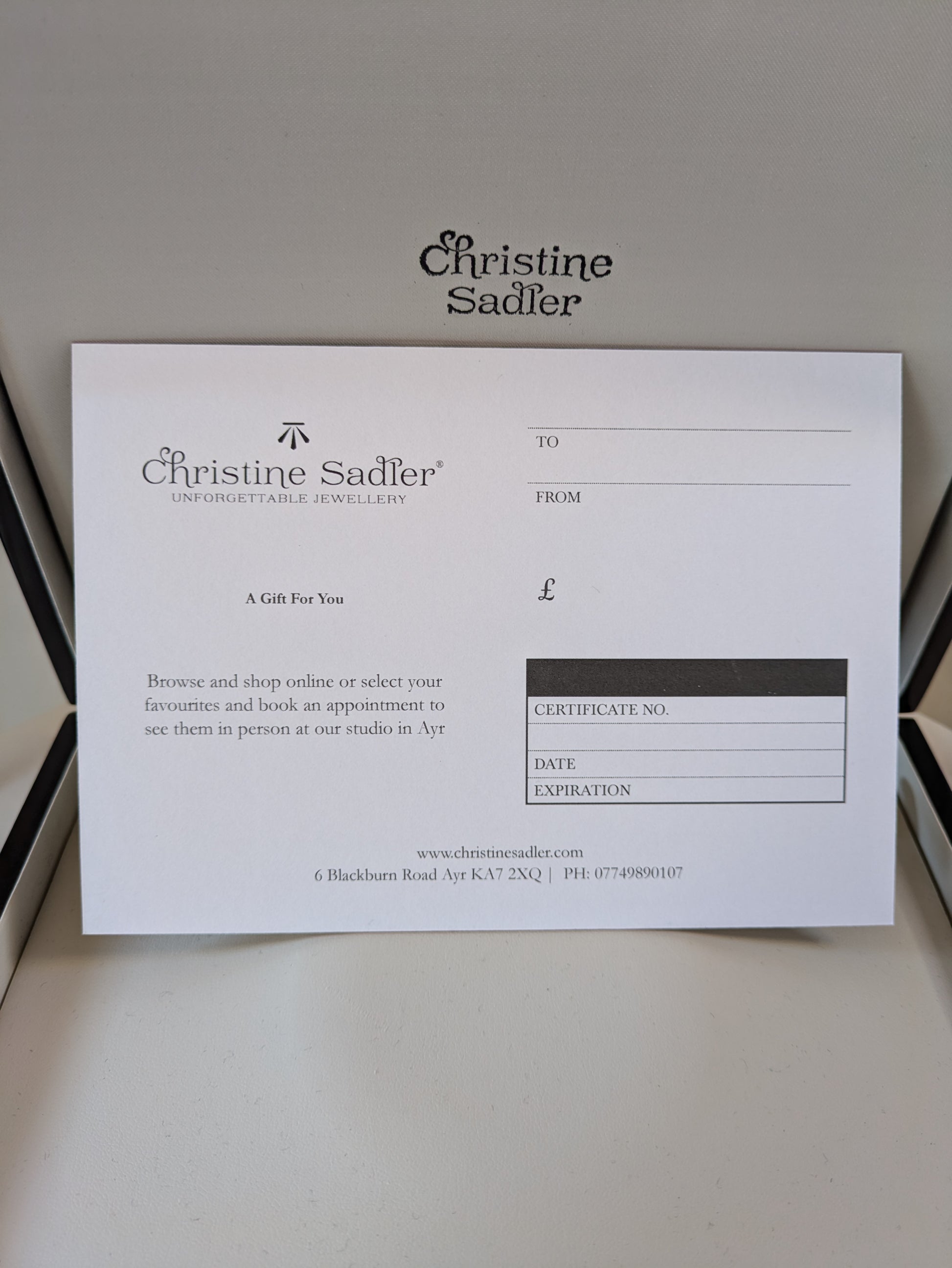 designer jewellery gift voucher from Scottish jewellery designer Christine Sadler