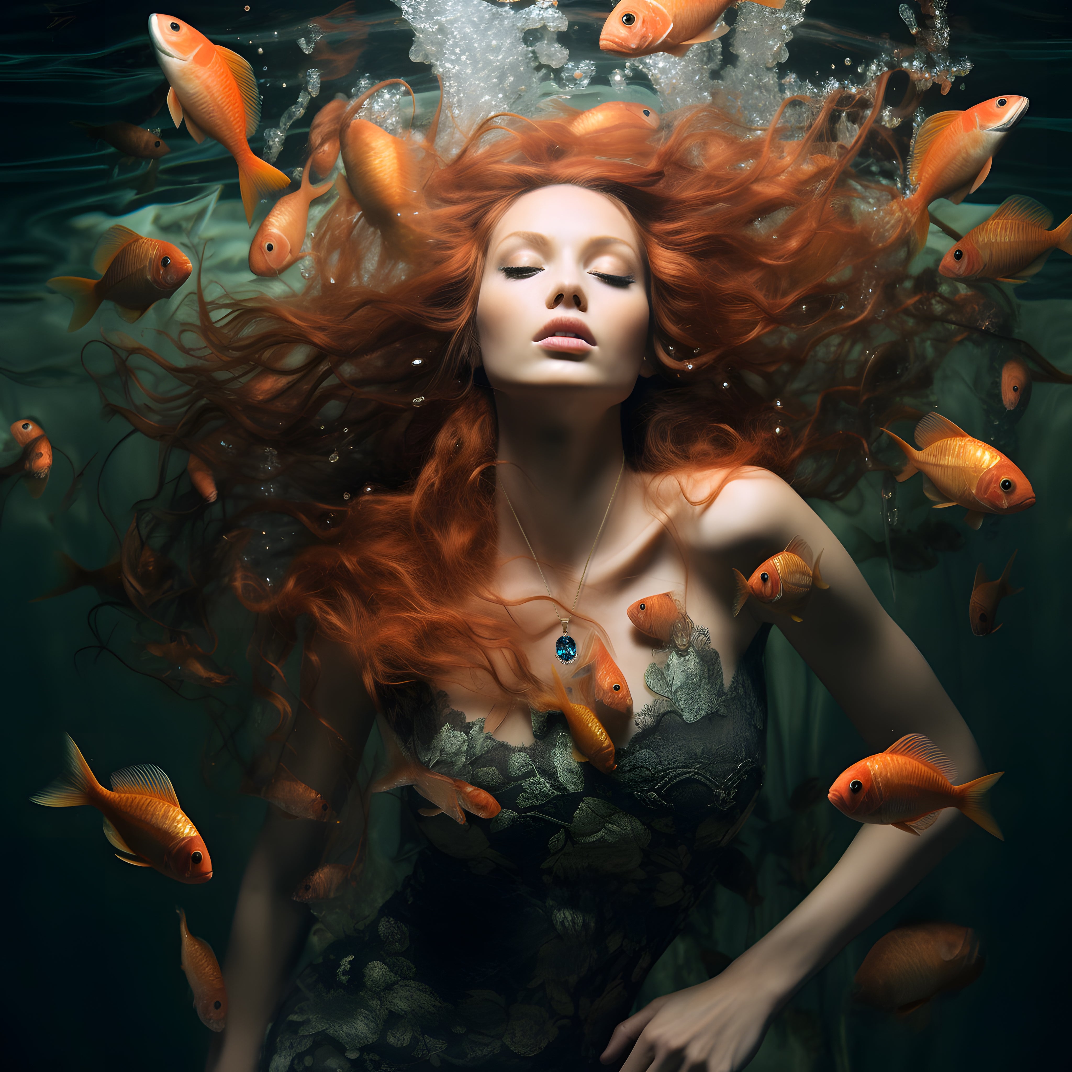 mermaid surrounded by goldfish underwater wearing christine sadler diamond and blue topaz gold necklace