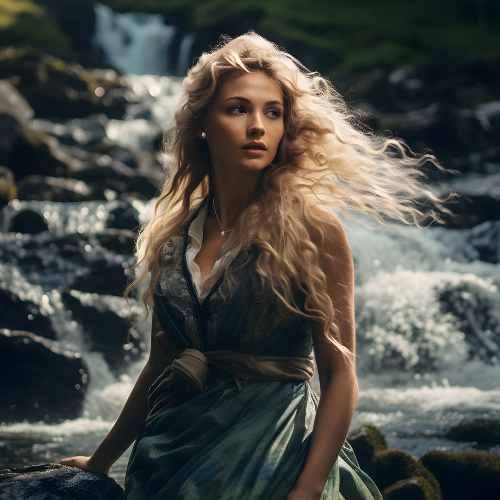 A blonde woman wearing a blue dress beside a waterfall wearing Christine Sadler diamond fairypools platinum necklace and earrings