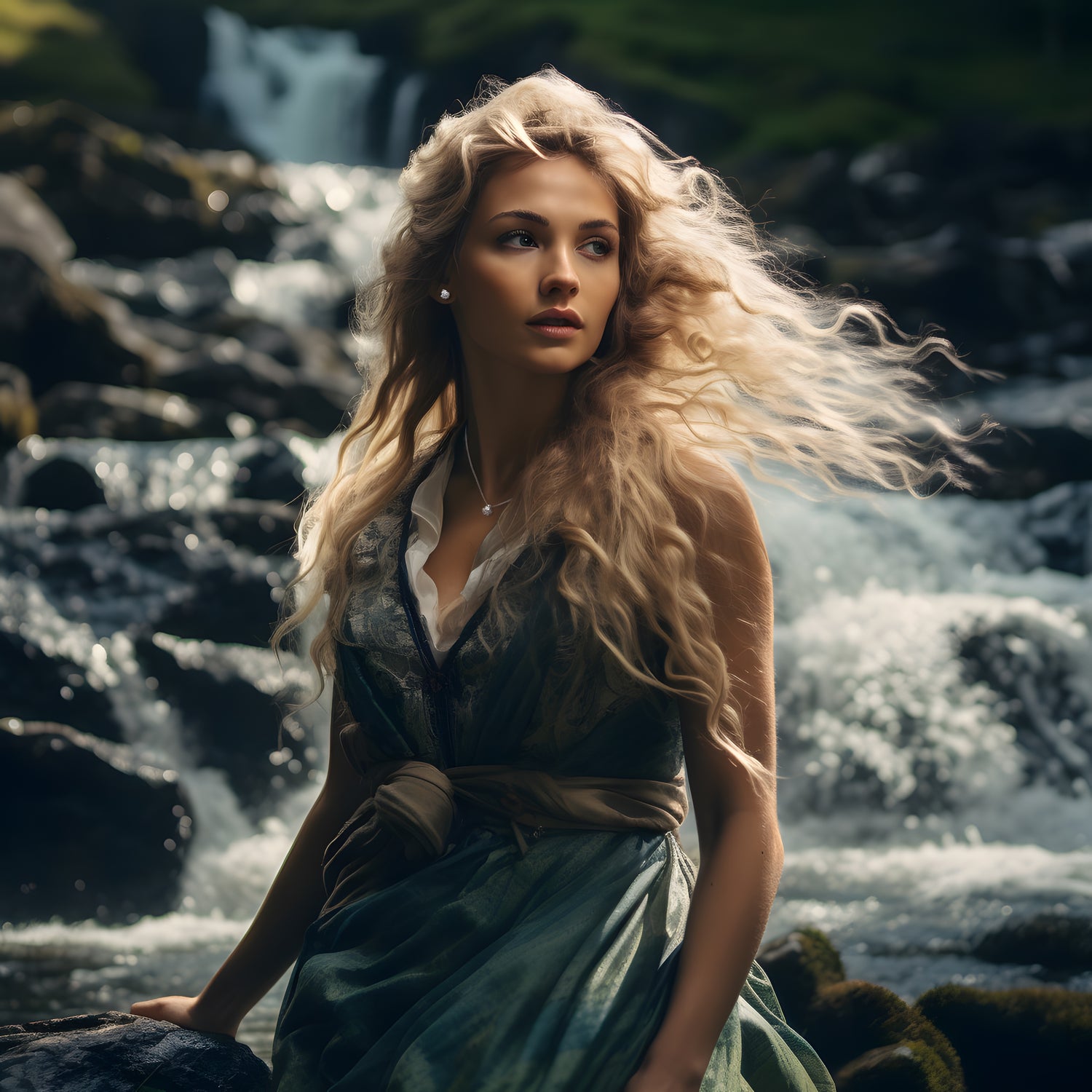a fairytale image of a beautiful blonde woman wearing a blue dress beside a Scottish waterfall wearing Christine Sadler diamond jewellery