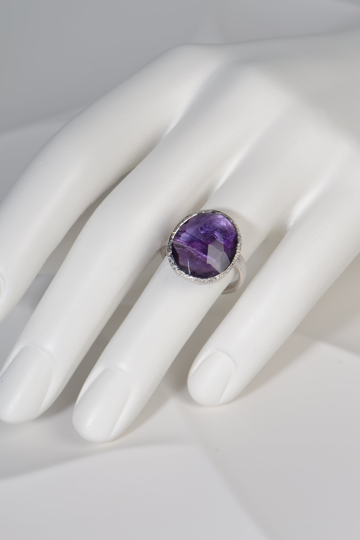 Large oval amethyst silver ring by jewellery designer Jorge Revilla
