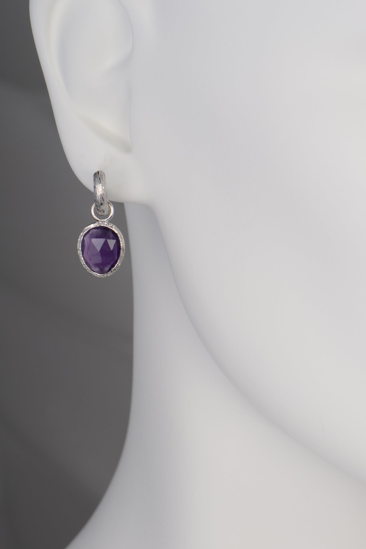 Jorge Revilla Silver & Amethyst Drop Earrings - Amethyst Earrings shown on mannequin for size and scale