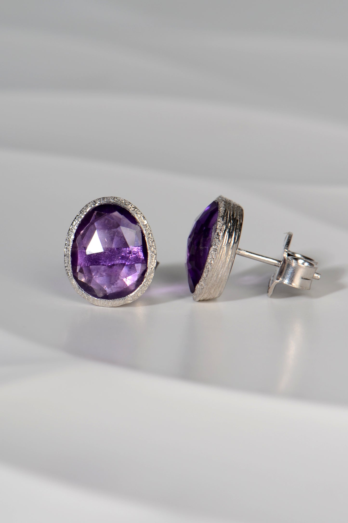 Silver & Amethyst Birthstone Large Stud Earrings