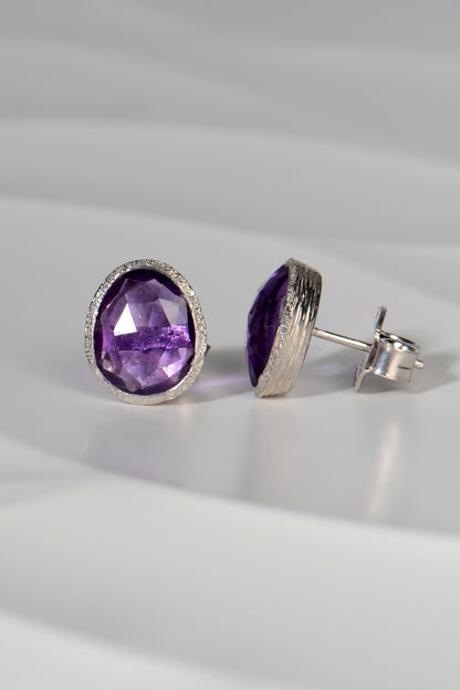 Silver & Amethyst Birthstone Large Stud Earrings