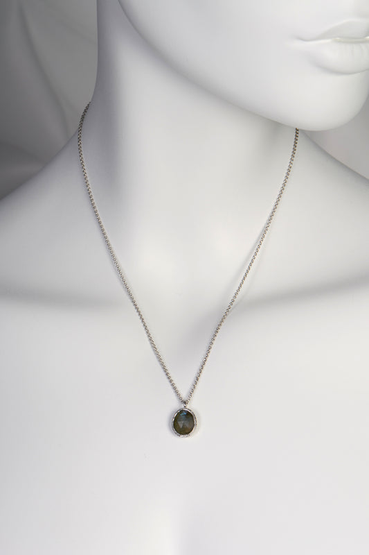 dark grey gemstone labradorite oval pendant on fine silver chain by jewellery designer Jorge Revilla
