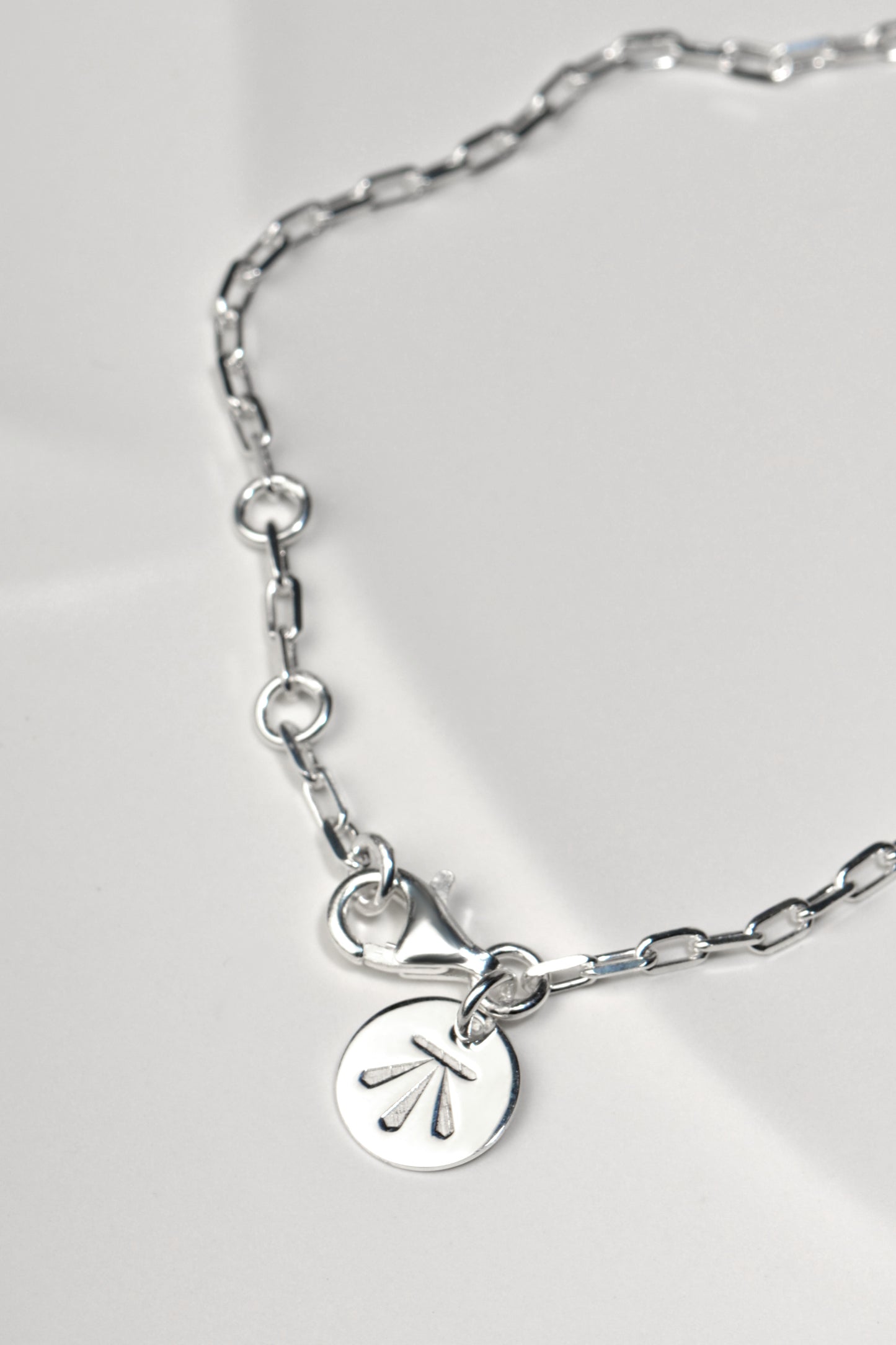 contemporary designer silver bracelet with branded logo tag and three rings in the links that allow the bracelet to be altered in size.