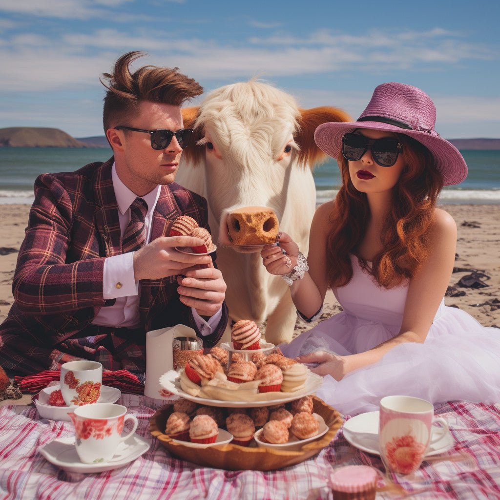 cool couple on scottish beach with highland cow with quirky Wes Anderson aesthetic created for Christine Sadler unforgettable jewellery