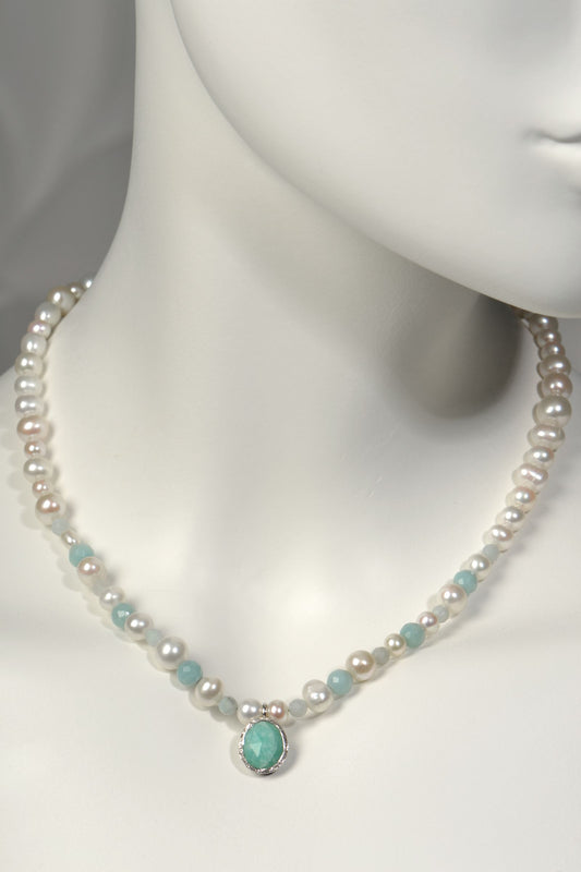 17-inch white cultured pearl necklace with irregular pearls, 6 × 6mm and 8 × 4mm amazonite gemstones, and oval amazonite pendant in textured sterling silver