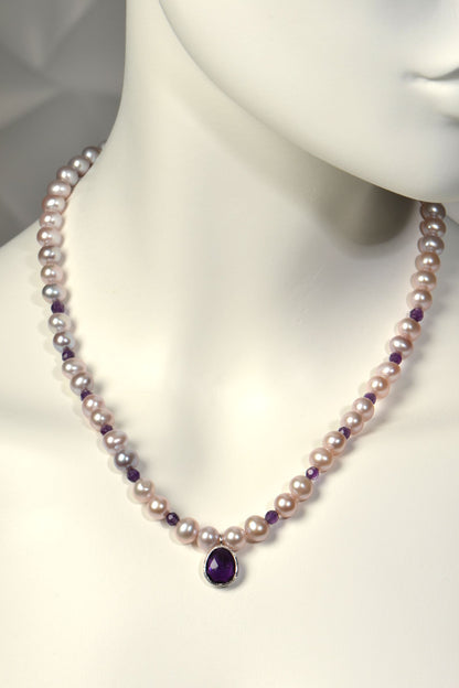 18-inch pink cultured pearl necklace with 12 faceted 4mm amethysts and egg-shaped amethyst pendant in textured sterling silver