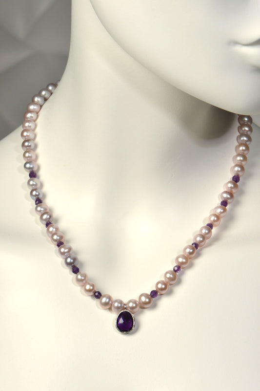 18-inch pink cultured pearl necklace with 12 faceted 4mm amethysts and egg-shaped amethyst pendant in textured sterling silver