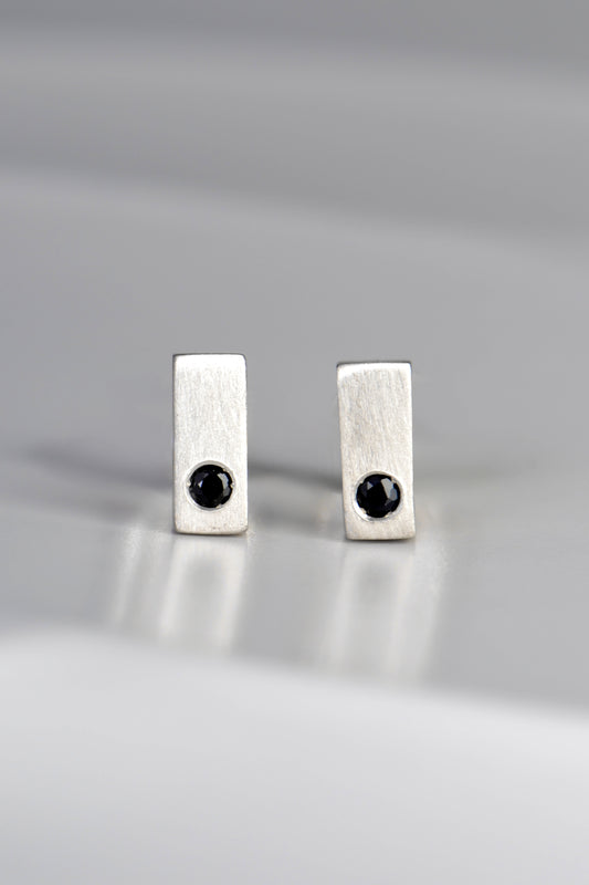 handmade scottish silver rectangular small earrings with black sapphires