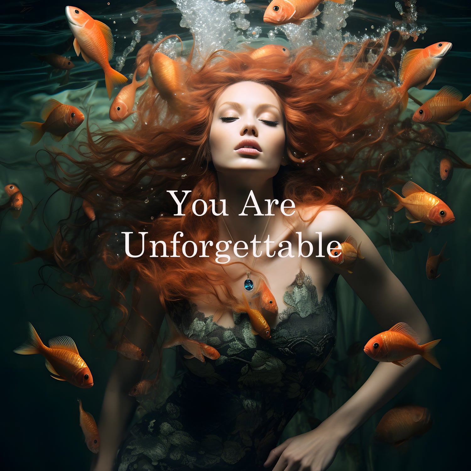 Ai image of a beautiful woman wearing a Christine Sadler necklace inspired by the Scottish myth of selkies. The red haired woman is underwater surrounded by goldfish.