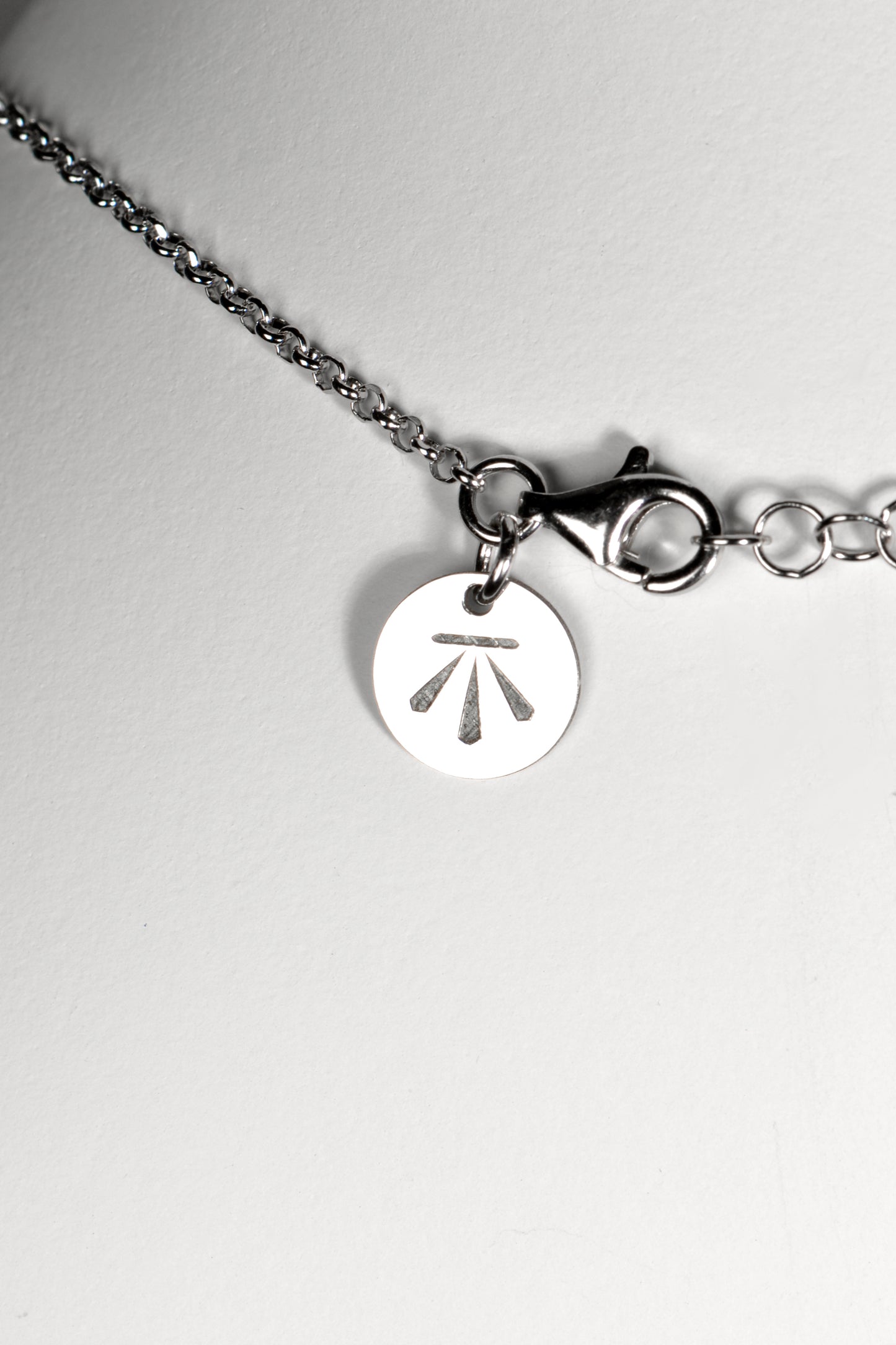 silver necklace with Christine Sadler's Benchmark logo