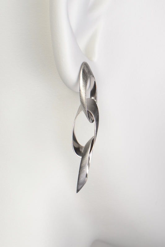Modern Long Drop Brushed Finish Silver Earring