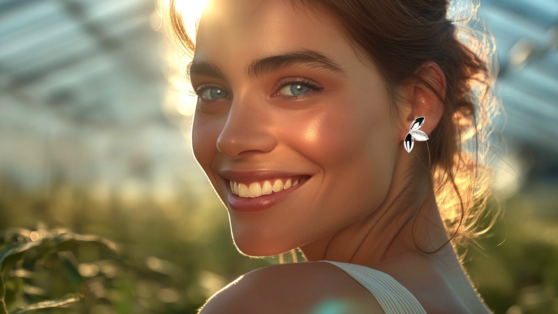 Woman wearing Christine Sadler Promise silver earring design surrounded by plants in a greenhouse.