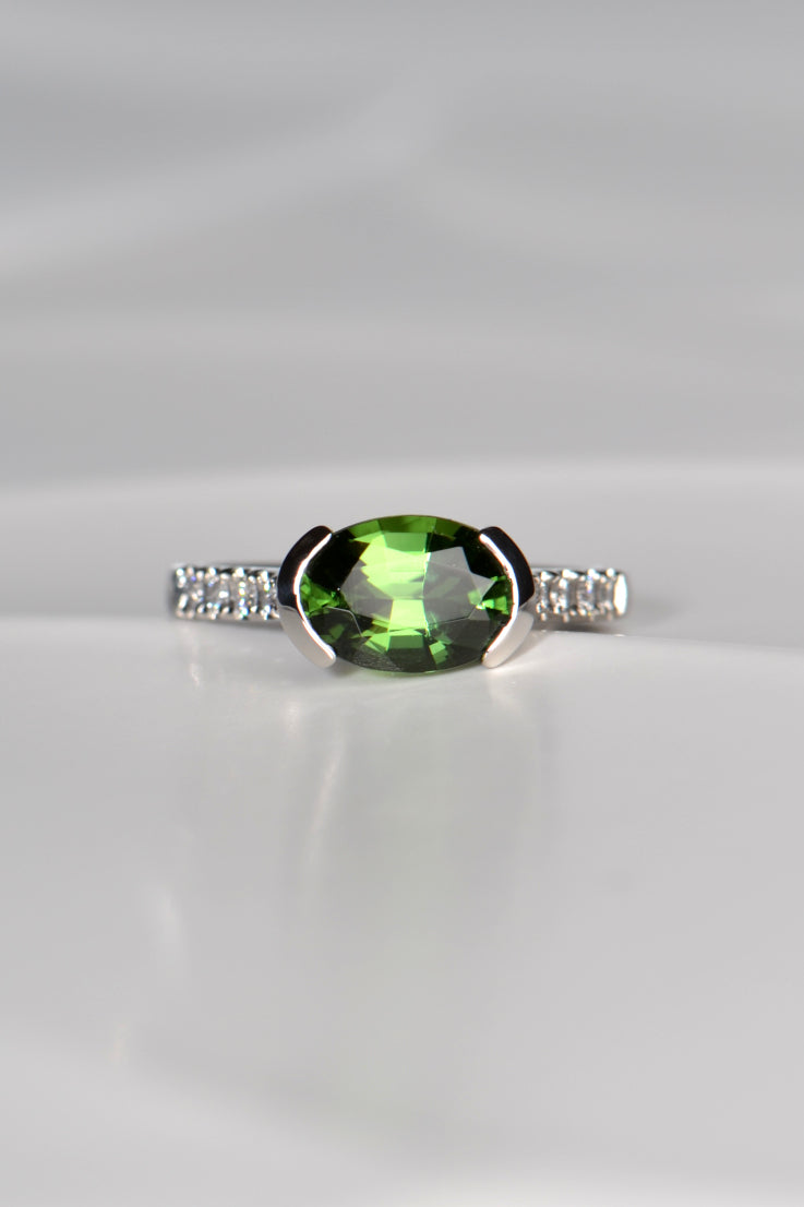 oval chrome tourmaline platinum ring with diamond set shoulders - Christine Sadler