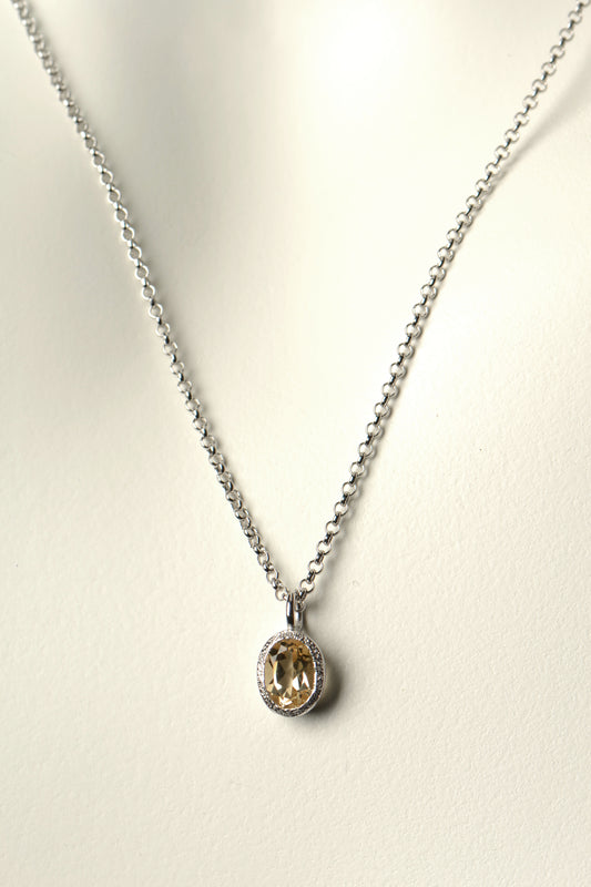 Designer silver gemstone necklace with an oval Citrine, the birthstone for November