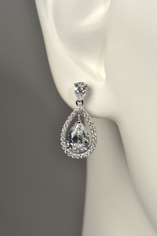 Pear-cut cubic zirconia halo drop earrings in sterling silver, 23mm × 11mm