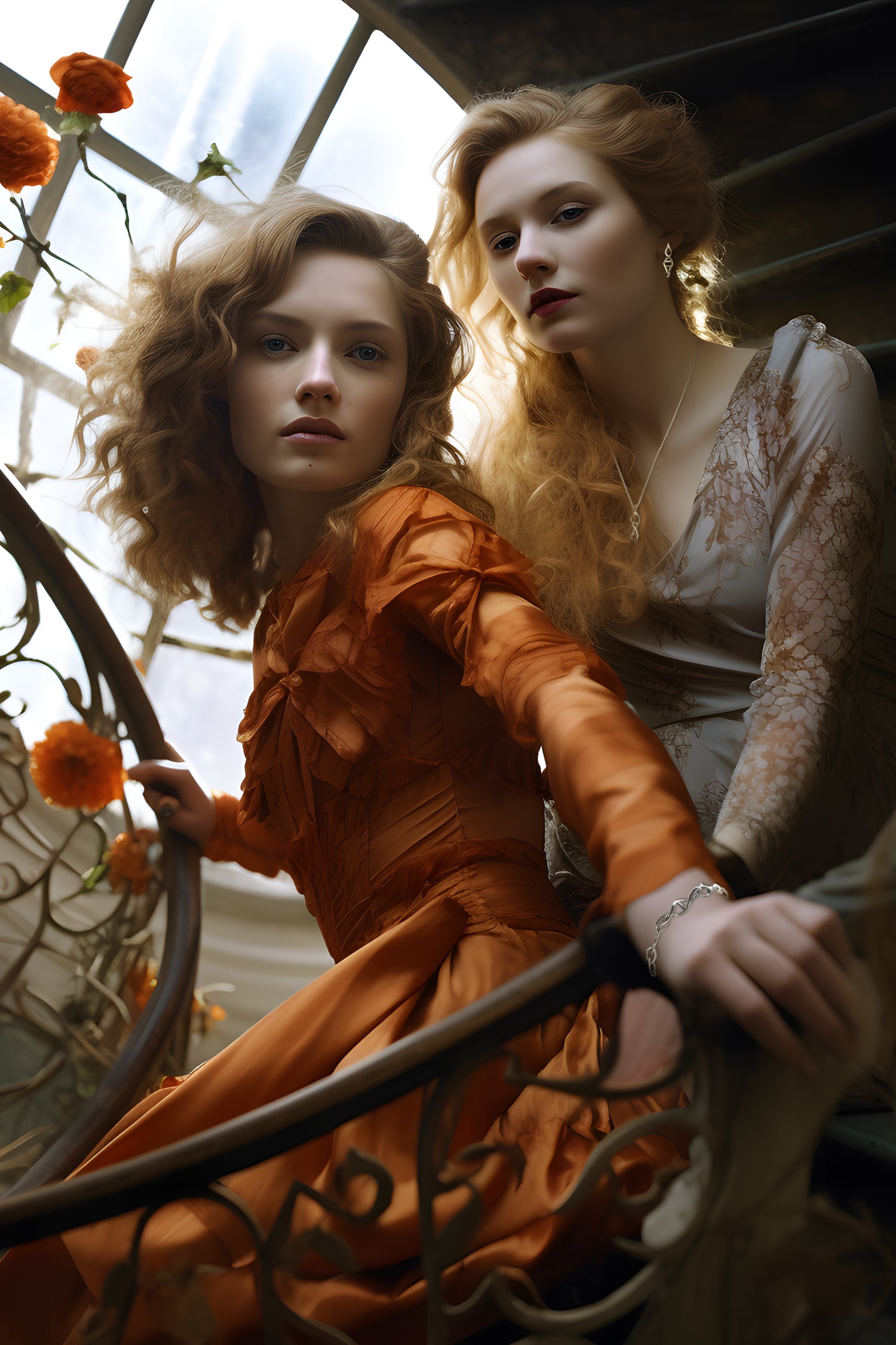 two sisters wearing DNA jewellery on curved staircase with orange flowers