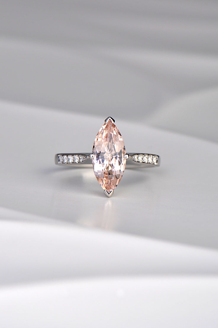 one-of-a-kind large marquise morganite engagement ring in platinum with diamond set shoulders - Christine Sadler