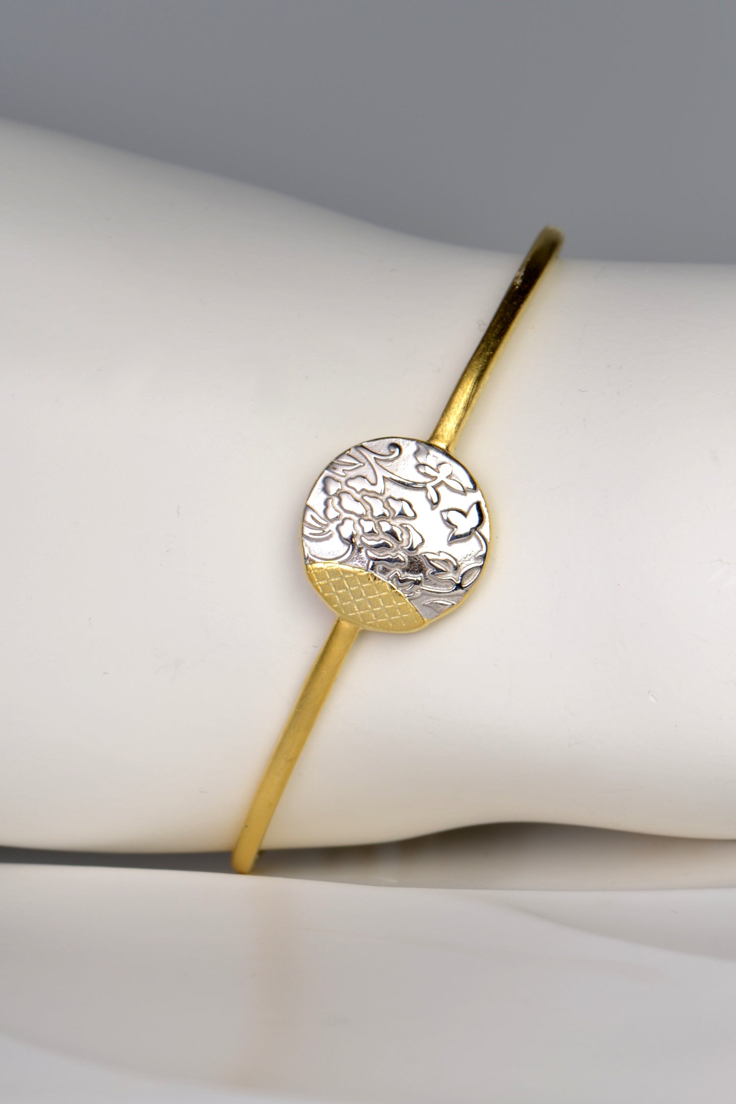two tone japanese inspired designer bangle in sterling silver with gold plate
