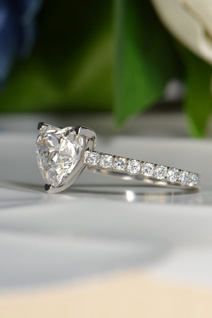 Detail of diamond set shoulders on 3 carat heart cut diamond ring - Christine Sadler