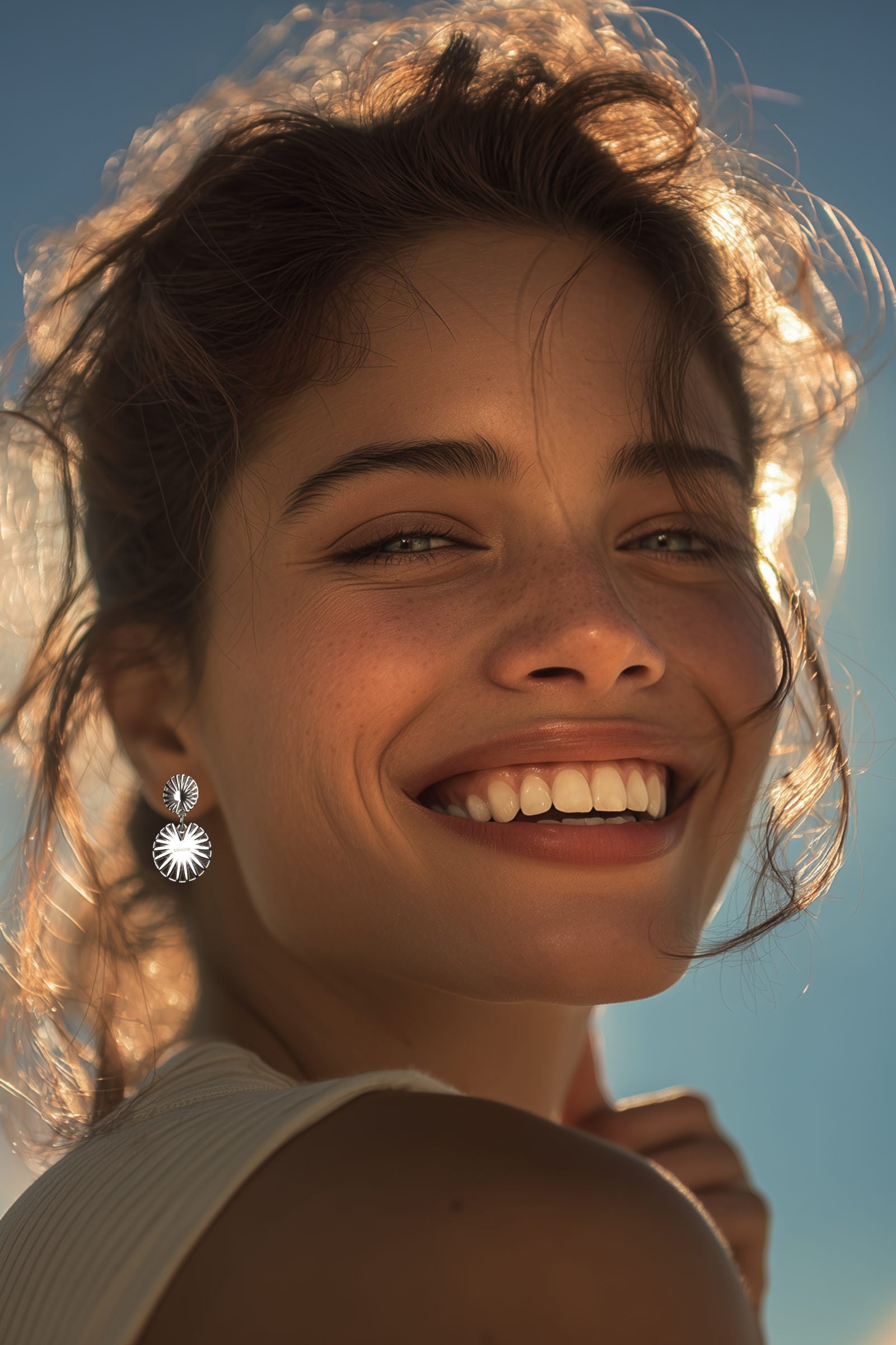 Woman with a bright smile against a clear blue sky wearing Christine Sadler talisman silver earrings engraved with the word "enough"