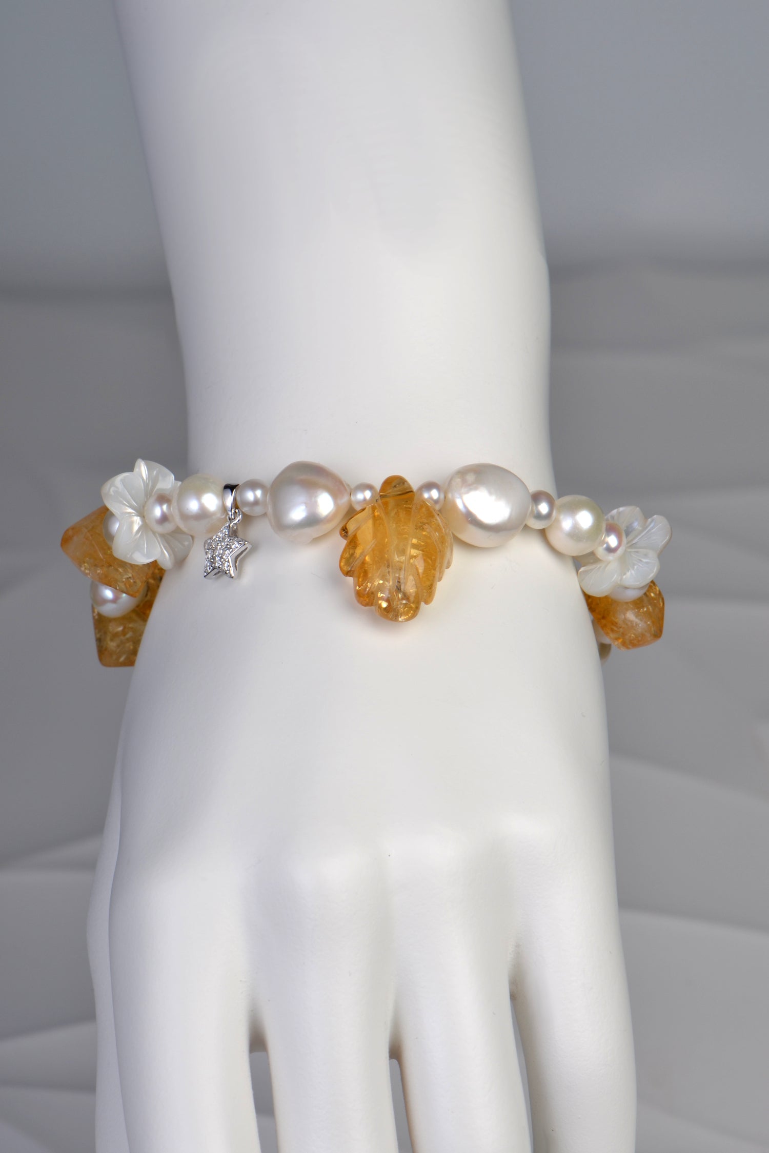 citrine and pearl handmade fairy bracelet with silver star and citrine leaf