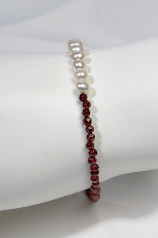 white pearl and garnet handmade designer Fusion bracelet