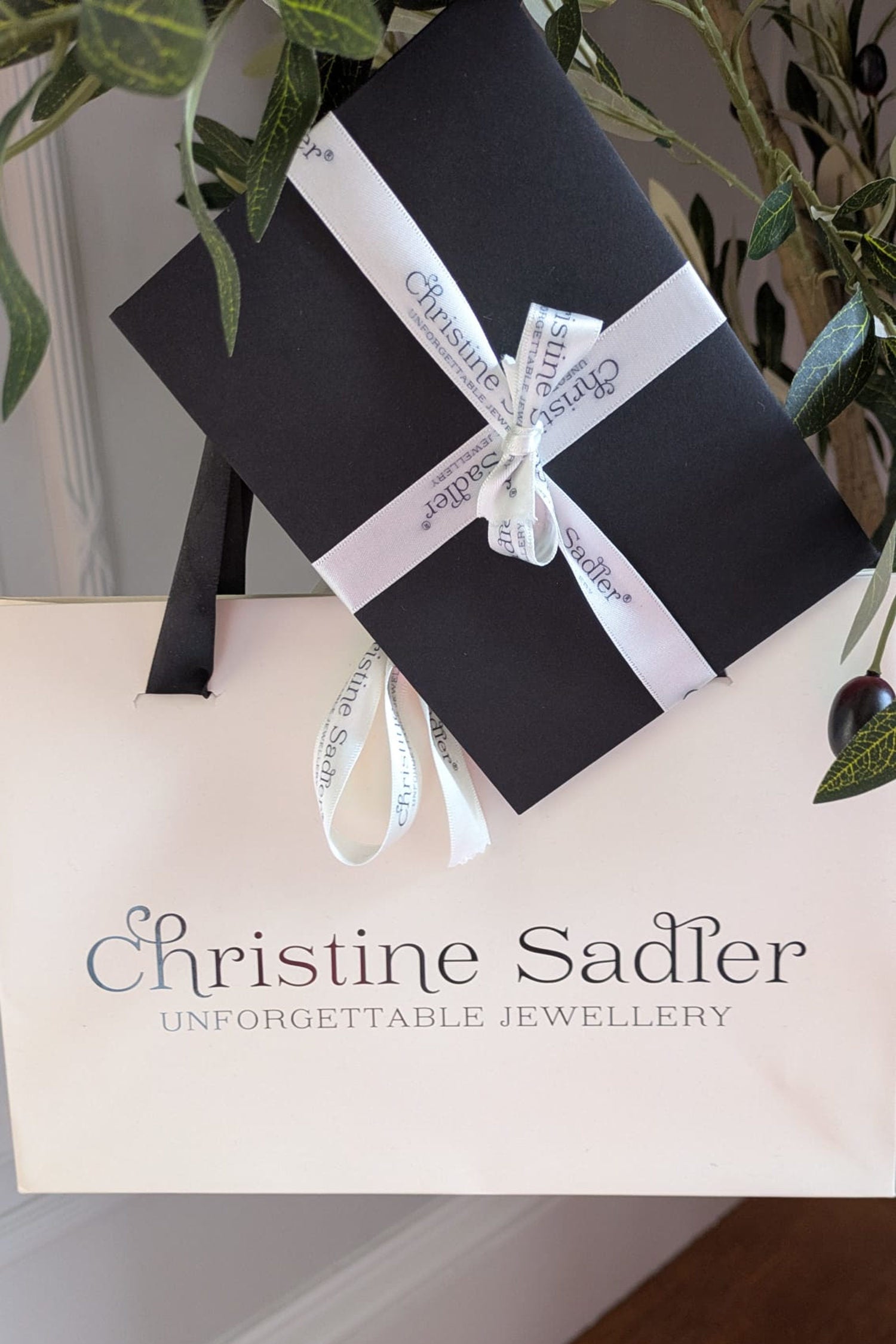 Branded pale cream gift bag with black satin handles that comes with the Christine Sadler gift voucher