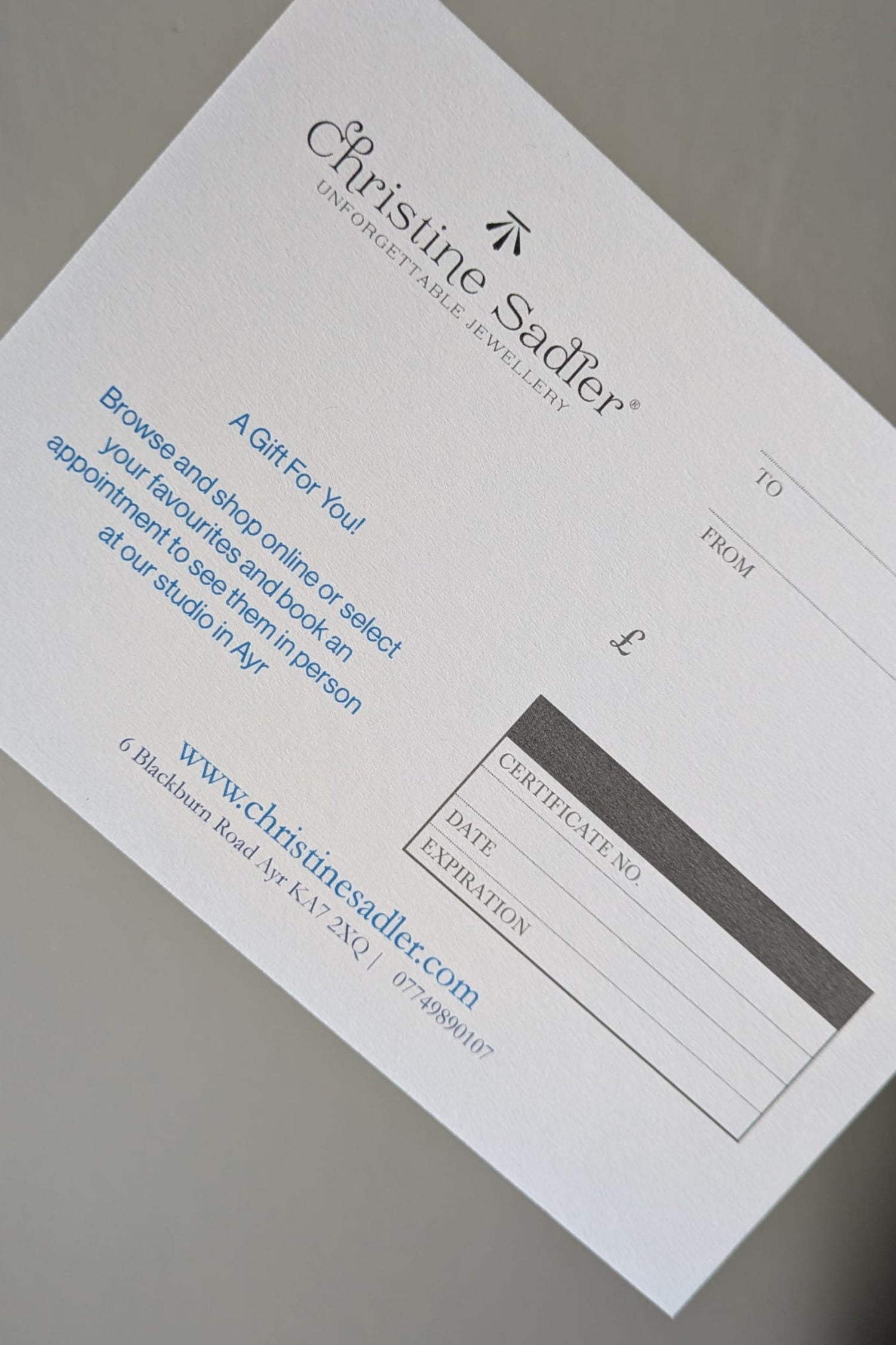 Reverse side of the Christine Sadler jewellery gift voucher which has space for a private message