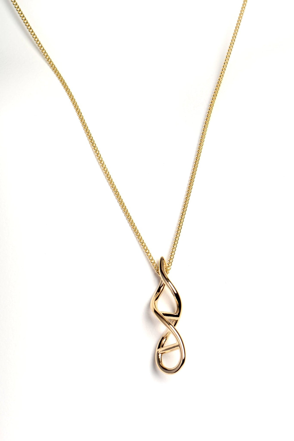 9ct yellow gold DNA helix shape pendant on 45cm gold curb chain, designed by Christine Sadler.