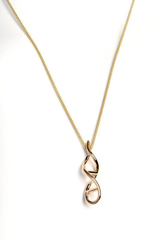 modern real gold necklace in the shape of a DNA double helix exclusively available from UK jewellery designer Christine Sadler