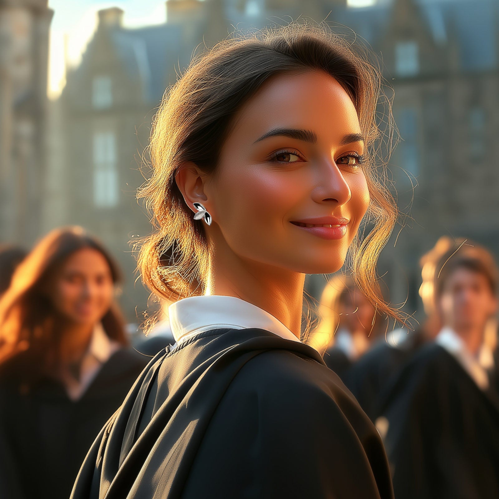 Woman in academic gown wearing modern silver Promise earrings from Christine Sadler as a graduation gift with blurred people and buildings in the background