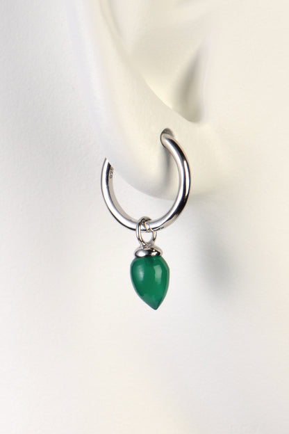 green onyx gemstone earrings. Small silver hoop earrings with real gemstones by jewellery designer Jorge Revilla