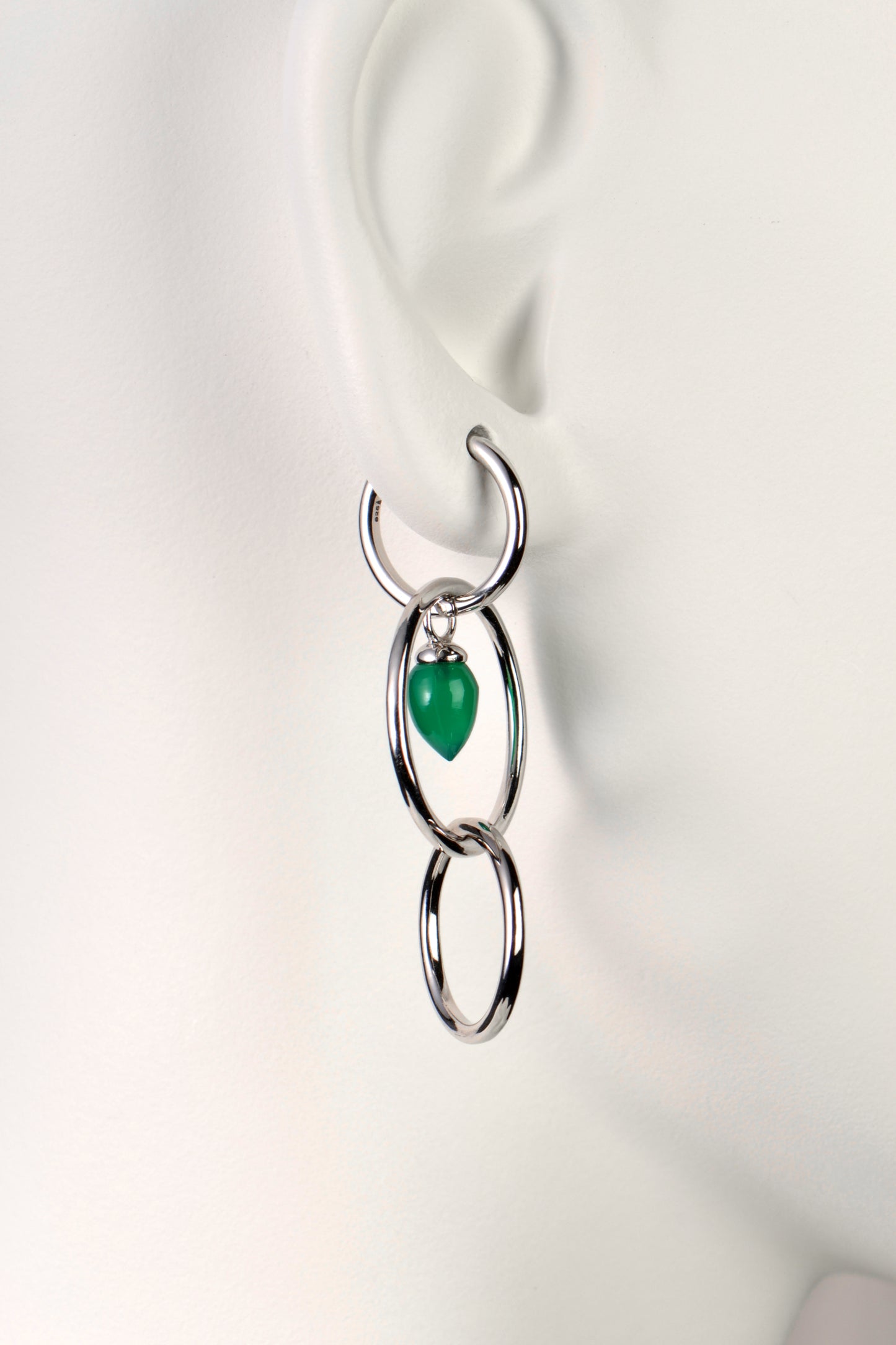 designer long drop silver earrings with green onyx real gemstones