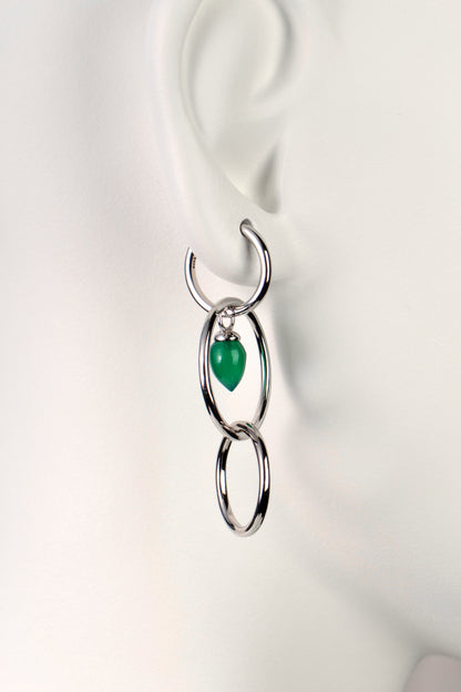 designer long drop silver earrings with green onyx real gemstones