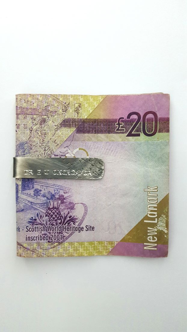 Handmade oxidised silver money clip made for a professor from Christine Sadler's Hero collection of jewellery
